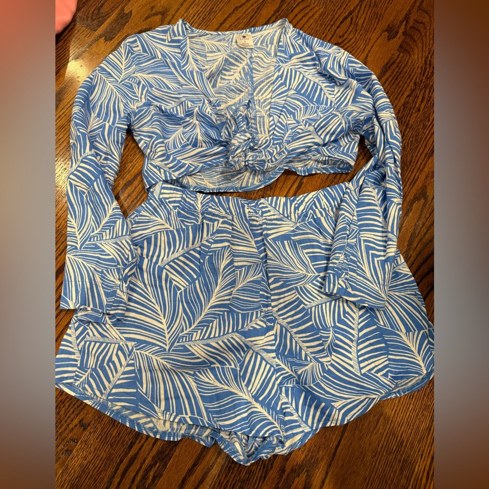 Blue and White Leaf Print Two-Piece Coverup Set